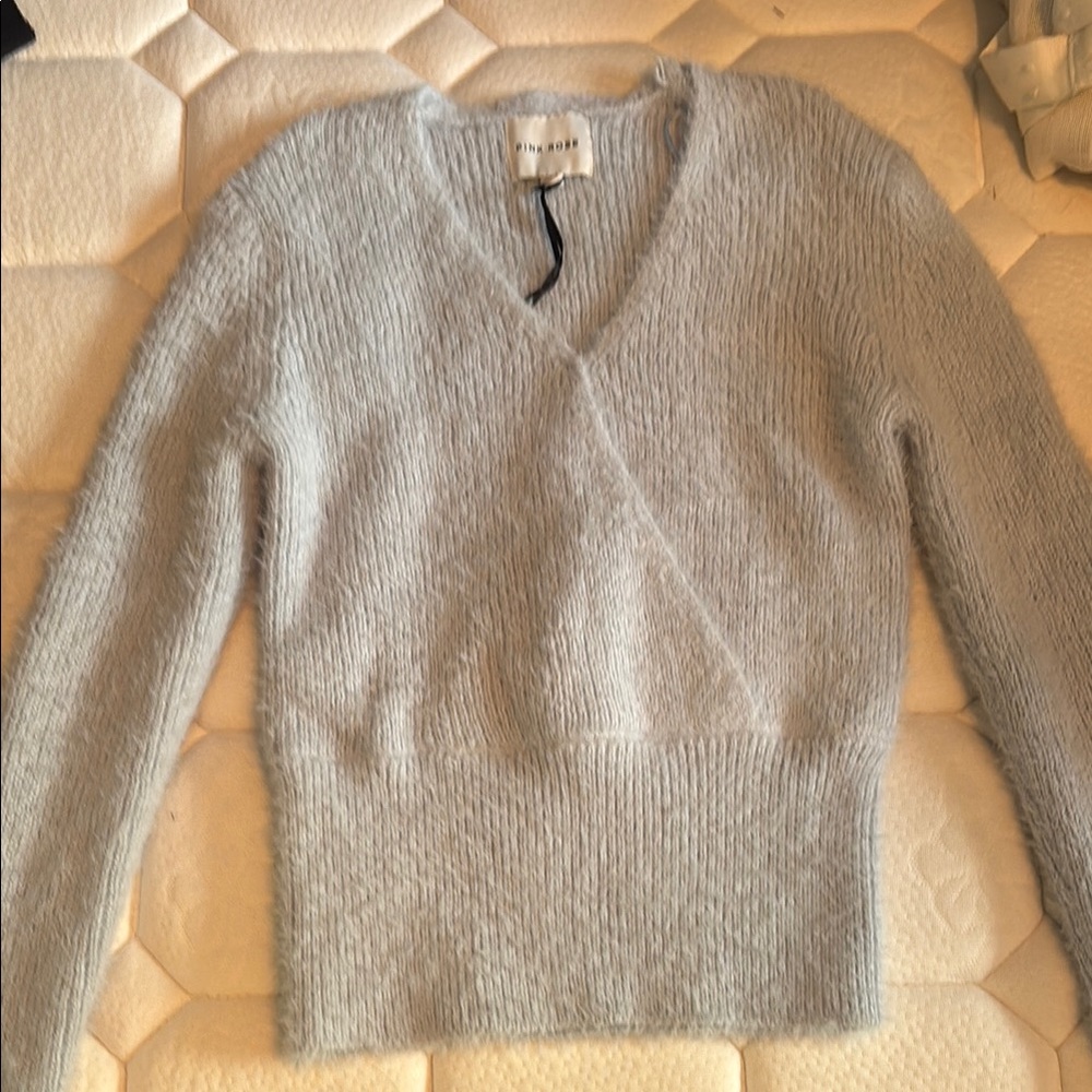 Pink Rose Gray V-Neck Sweater with Fluffy Texture